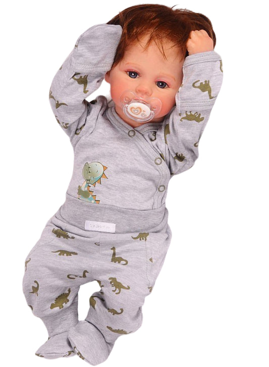 Body und Hose Baby Anzug in Grau mit Dinos Muster Wickelbody mit Kratzschutz