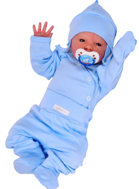 Baby Anzug Wickelbody Hose Mütze Set in Blau