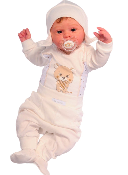 Body Hose und Mütze 3Tlg Baby Anzug in Creme mit Bärchen