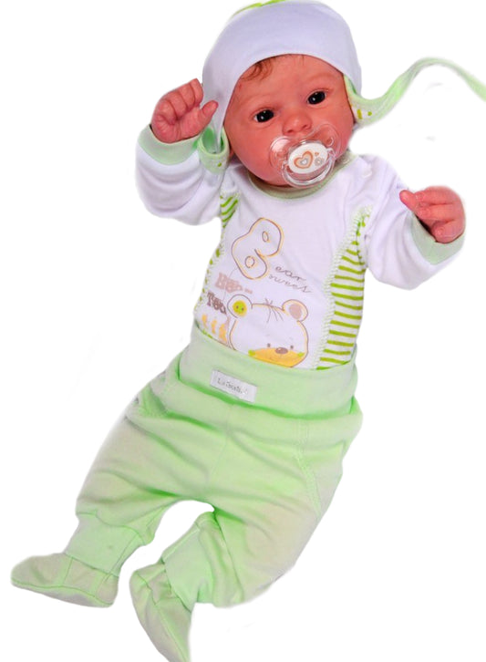 Body Hose und Mütze 3Tlg Baby Anzug in Weiß Grün mit Bärchen
