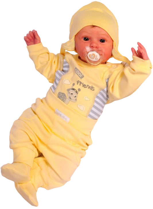 Erstlingsset Body Hose und Mütze Baby Anzug in Gelb mit Schnecken