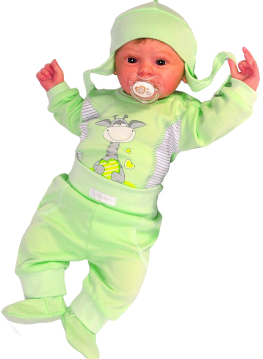 Body Hose und Mütze 3Tlg Baby Anzug in Grün mit Giraffen Motiv