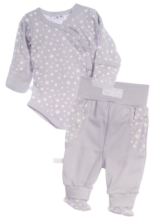 Wickelbody und Hose Baby Anzug in Grau mit Sternchen