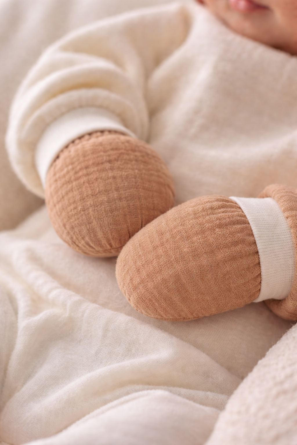 Baby Kratzfüustlinge 2er Pack aus Musselin creme braun