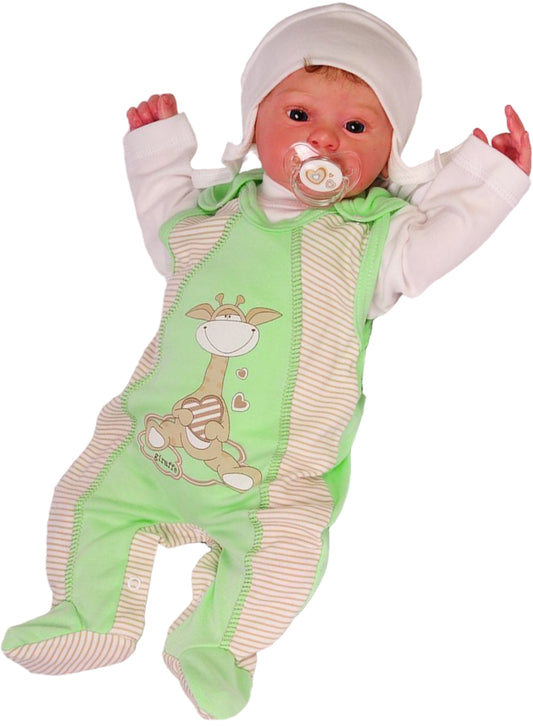 Strampler Mütze und Langarmshirt Baby Anzug in creme grün mit Giraffe