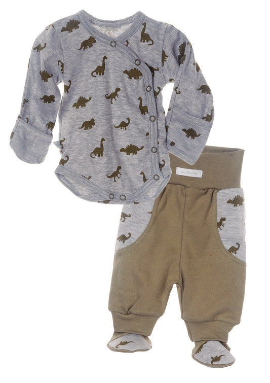 Body Hose Baby Anzug Wickelbody mit Kratzschutz in Grau Khaki mit Dinos Muster