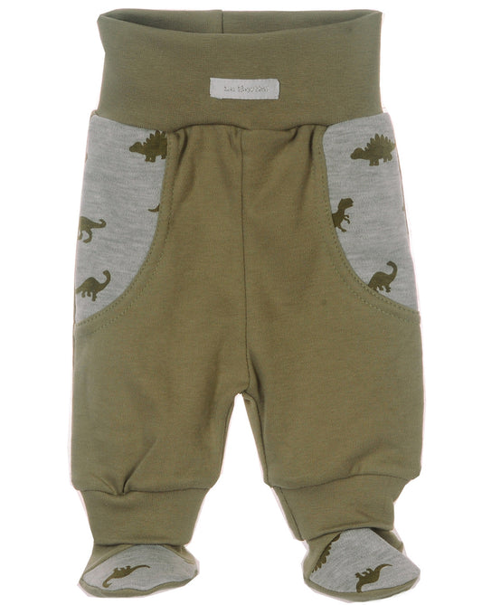 Baby Schlupfhose Hose mit Füßchen in Khaki mit Dinos Muster