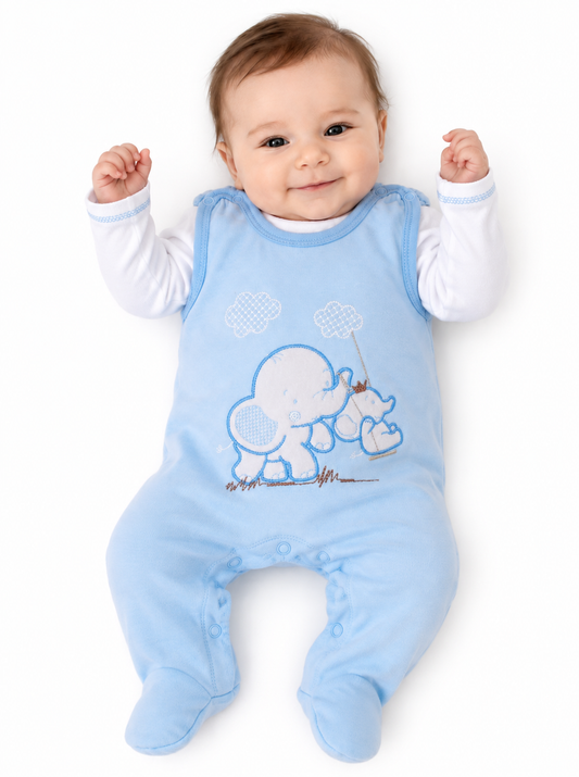Strampler und Shirt Baby Anzug in Blau mit Elefanten-Applikation