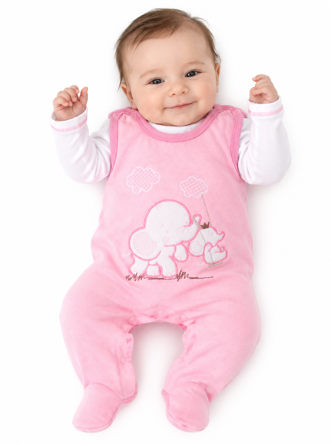 Strampler aus Velours und Shirt Baby Anzug in Rosa mit Elefanten-Applikation
