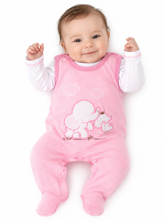 Strampler aus Velours und Shirt Baby Anzug in Rosa mit Elefanten-Applikation