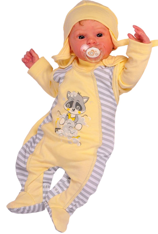 Strampler Mütze und Hemdchen Baby Anzug 3Tlg in Gelb mit Waschbär, gestreift