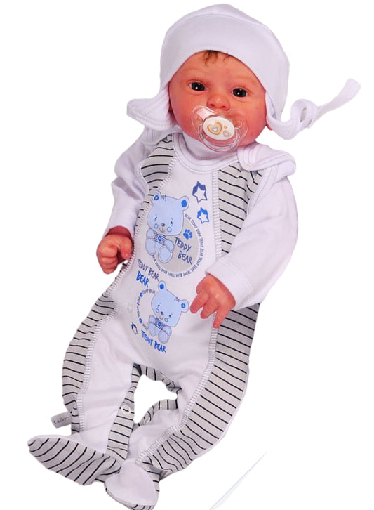 Strampler Mütze und Langarmshirt Baby Anzug 3-teilig in weiß gestreift