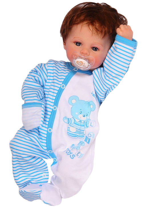 Baby Strampler Overall Schlafanzug in Türkis gestreift mit Bärchen