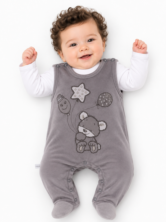 Strampler und Shirt Baby Anzug in Grau mit Bären-Stickerei