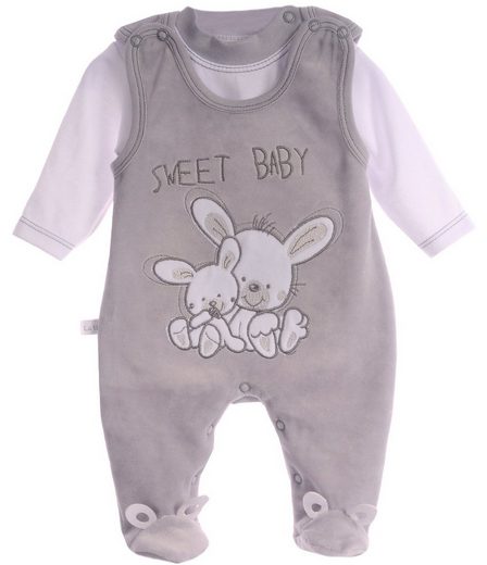 Strampler und Shirt Baby Anzug in Grau mit Hasen-Stickerei