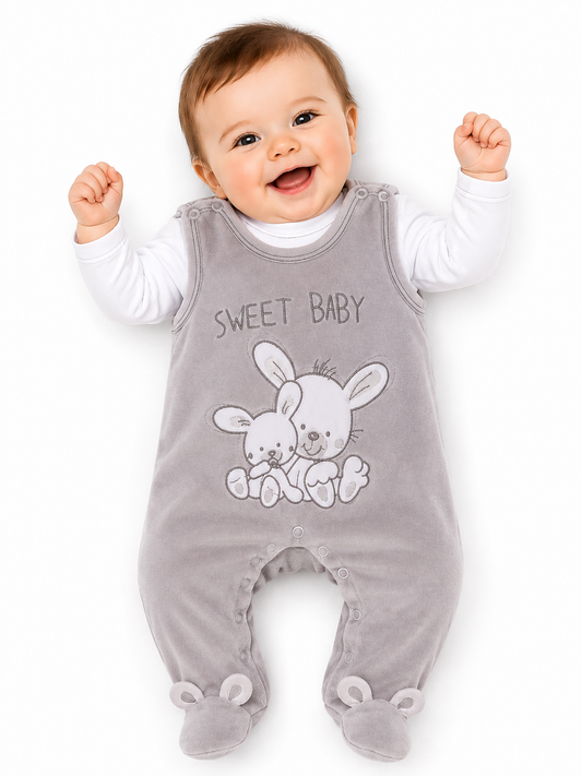 Strampler und Shirt Baby Anzug in Grau mit Hasen-Stickerei