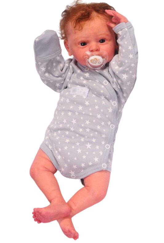 Baby Wickelbody in Grau mit Sternchen Body Langarmbody mit Kratzschutz
