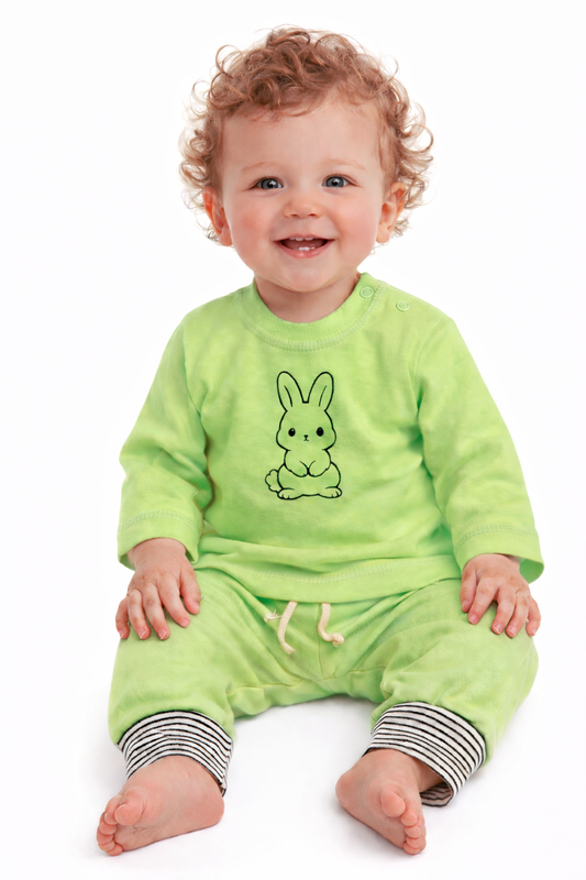 Baby Anzug Langarmshirt und Mitwachshose in Grün mit Hasen