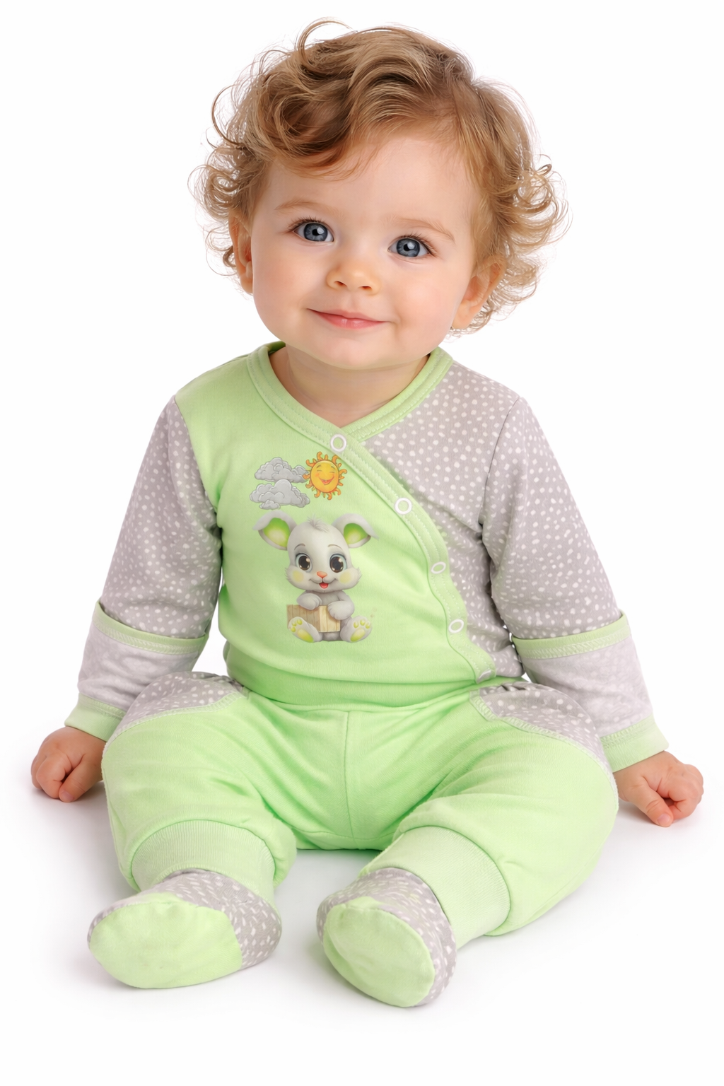 Body und Hose Baby Anzug in Grün mit Hasen und Sonne