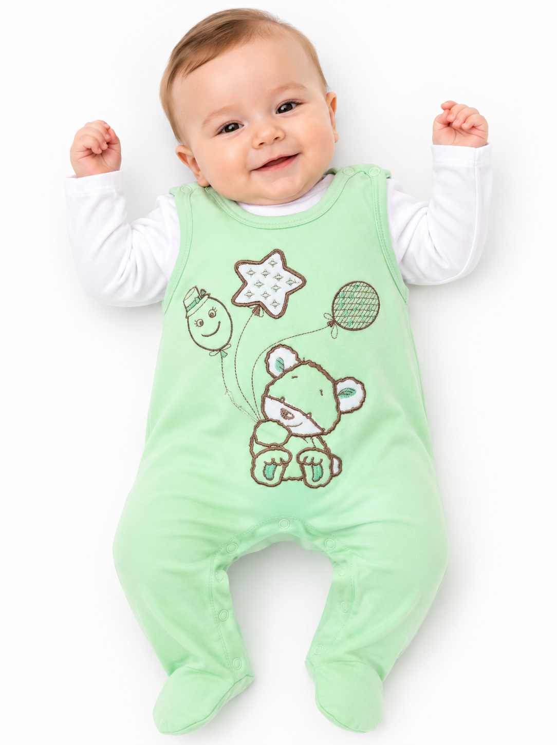 Strampler aus Velours und Shirt Baby Anzug in Grün mit Bärchen-Stickerei