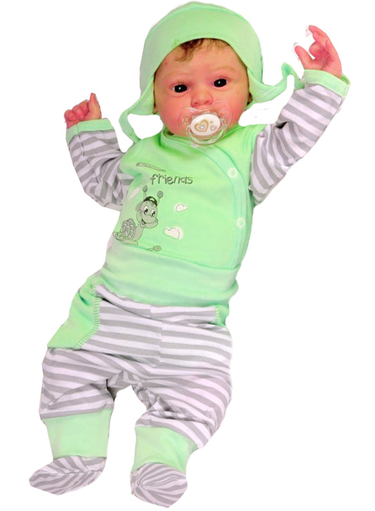 Body Hose und Mütze 3Tlg Baby Anzug in Grün mit Schnecke