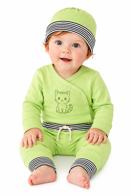 Baby Anzug 3-teilig Wickelbody Mitwachshose Mütze Set in Grün
