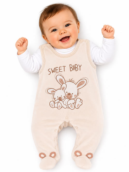Strampler und Shirt Baby Anzug in Creme mit Hasen