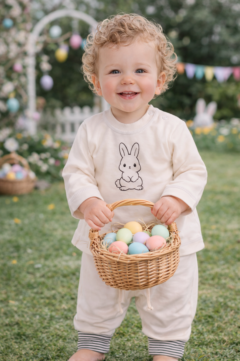 Baby Anzug Langarmshirt und Mitwachshose in Creme mit Hasen