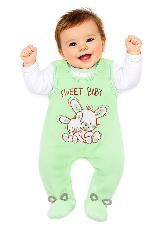 Strampler und Shirt Baby Anzug in Grün mit Hasen