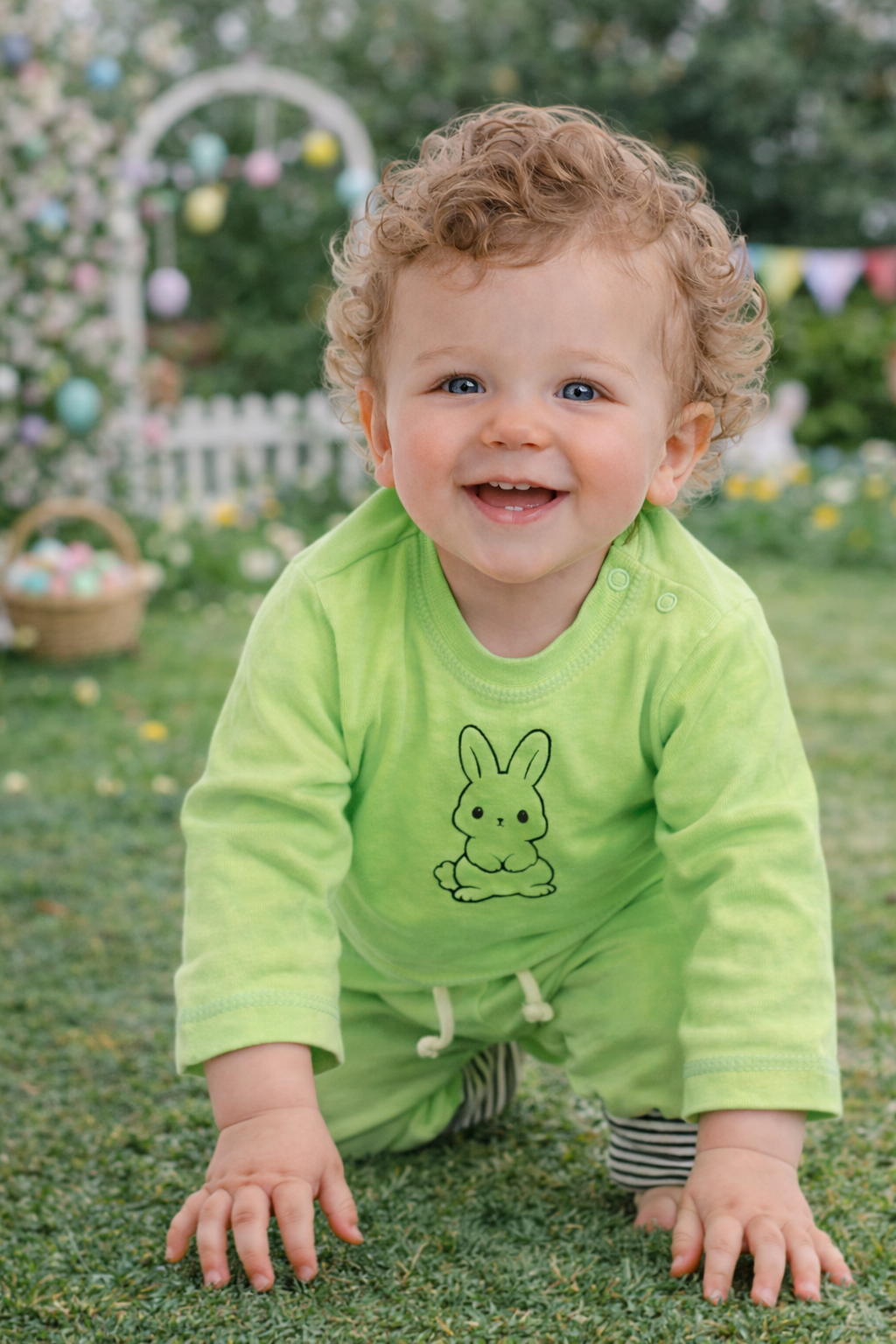 Baby Anzug Langarmshirt und Mitwachshose in Grün mit Hasen