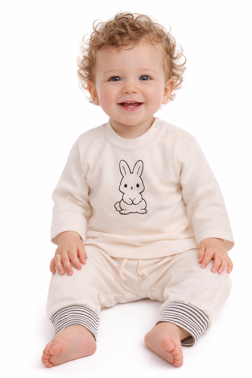 Baby Anzug Langarmshirt und Mitwachshose in Creme mit Hasen
