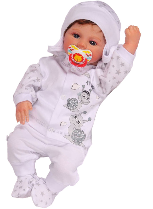 Hose Baby Anzug 3Tlg Hose Mütze Hemdchen in Weiß mit Schnecken