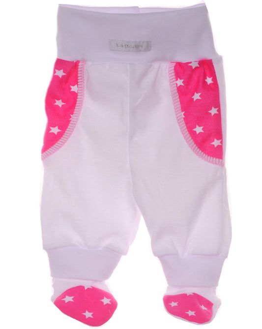 Schlupfhose Hose mit Füßchen in weiß pink mit Sternchen