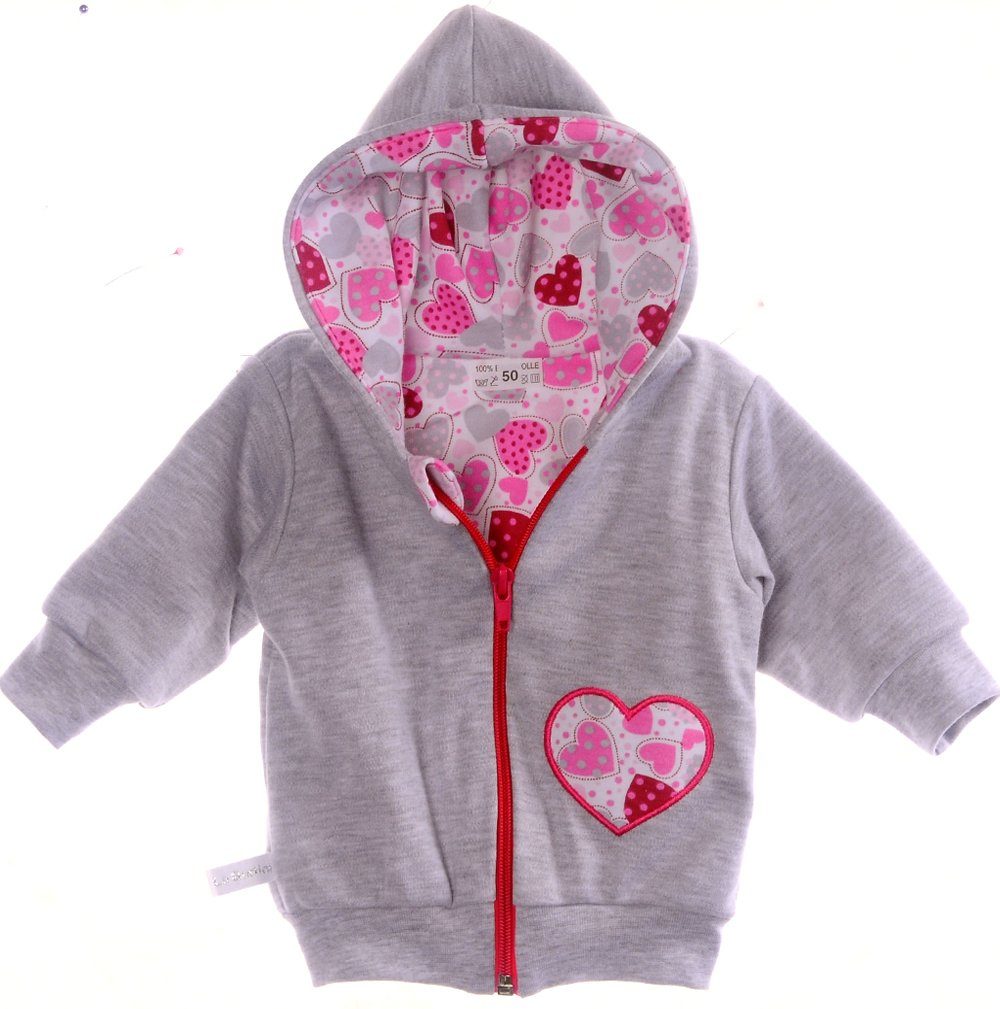Baby Jacke Swetjacke mit Kapuze in Grau mit Herzenmuster
