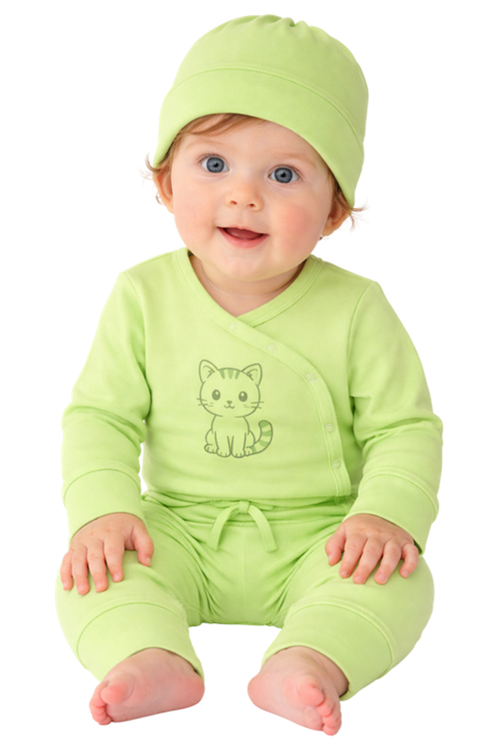 Baby Anzug 3-teilig Wickelbody Mitwachshose Mütze Set in Grün