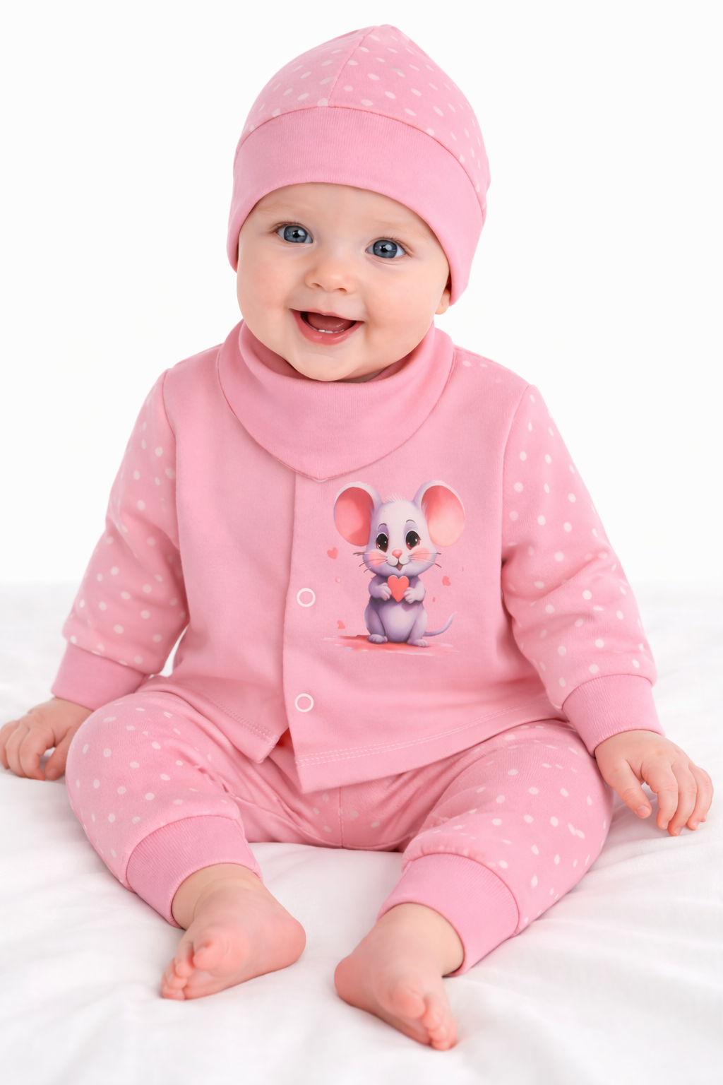 Baby Anzug 4-teilig Hemdchen Hose Mütze Dreieckstuch in Altrosa mit Maus