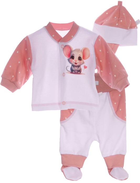 Baby Anzug Hemdchen Mütze Hose mit Fuß mit Mäuschen