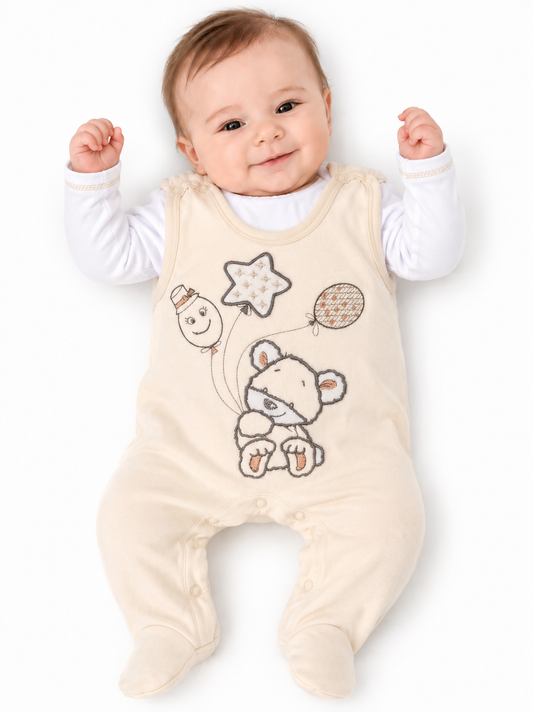 Strampler aus Velours und Shirt Baby Anzug in Creme mit Bärchen-Stickerei
