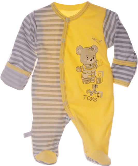 Baby Strampler Schlafanzug in Gelb grau mit Bärchen Aufdruck