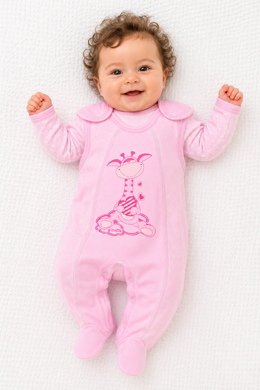 Wickelbody mit Kratzschutz und Strampler Baby Set in Rosa mit Giraffen