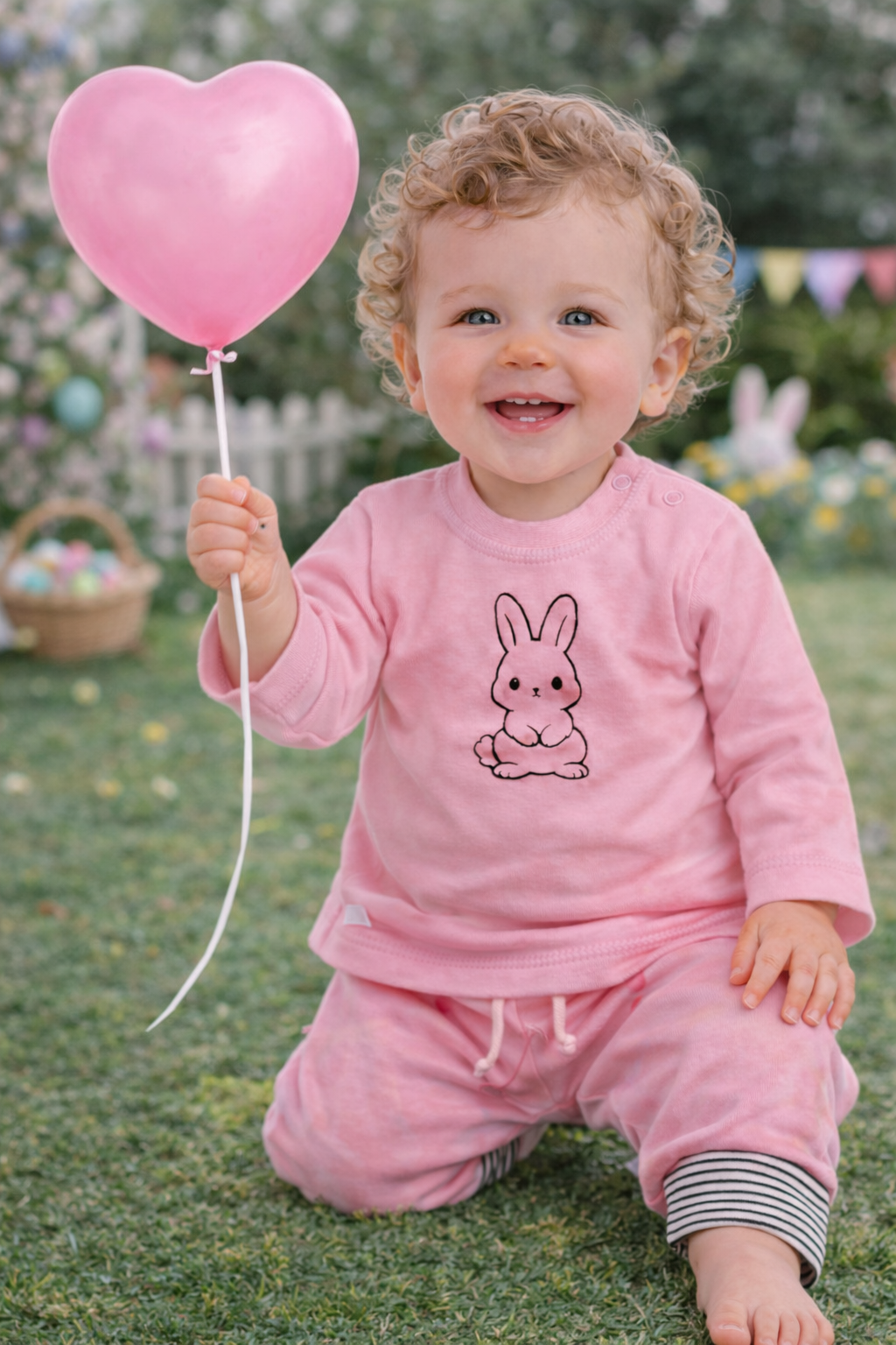 Baby Anzug Langarmshirt und Mitwachshose in Rosa mit Hasen