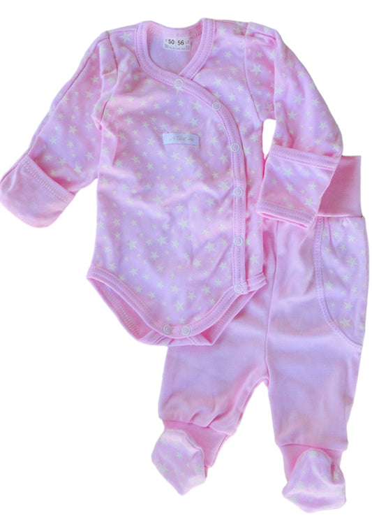 Body und Hose Baby Anzug 2tlg Wickelbody mit Kratzschutz in Rosa mit Sternchen