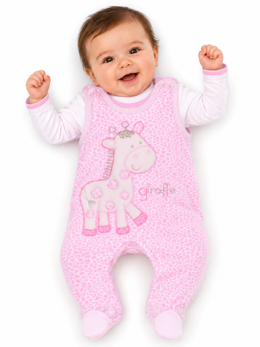 Strampler und Shirt Baby Anzug aus Velours in Rosa mit Giraffen