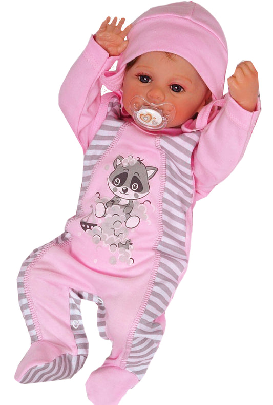 Strampler Mütze und Hemdchen Baby Anzug in Rosa mit Waschbär