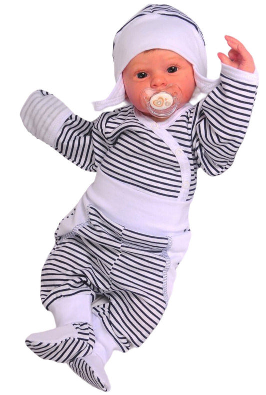 Baby Anzug Wickelbody Hose Mütze Set gestreift