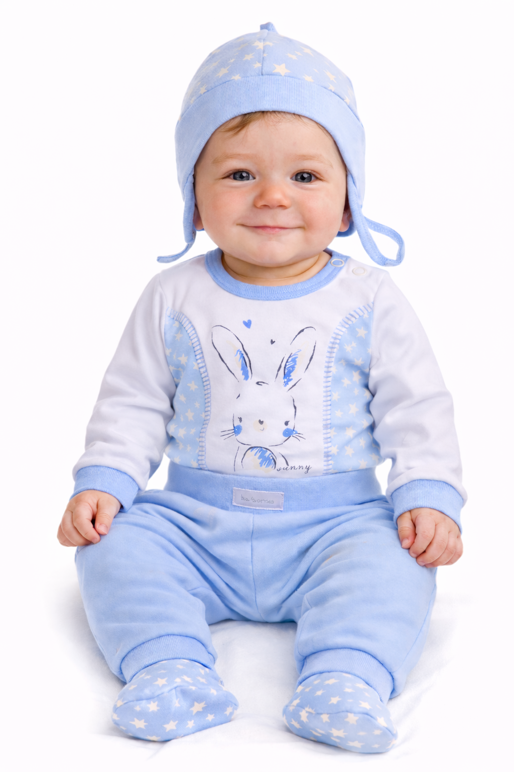 Body Hose und Mütze 3Tlg Baby Anzug in weiß blau mit Hasen