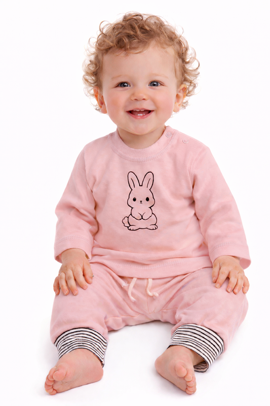 Baby Anzug Langarmshirt und Mitwachshose in Altrosa mit Hasen