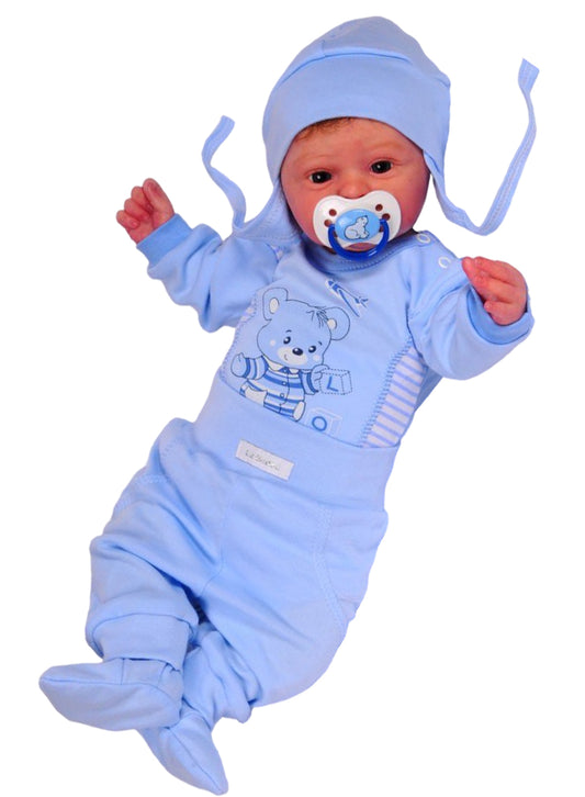 Body Hose und Mütze 3Tlg Baby Anzug in Blau mit Bärchen Motiv