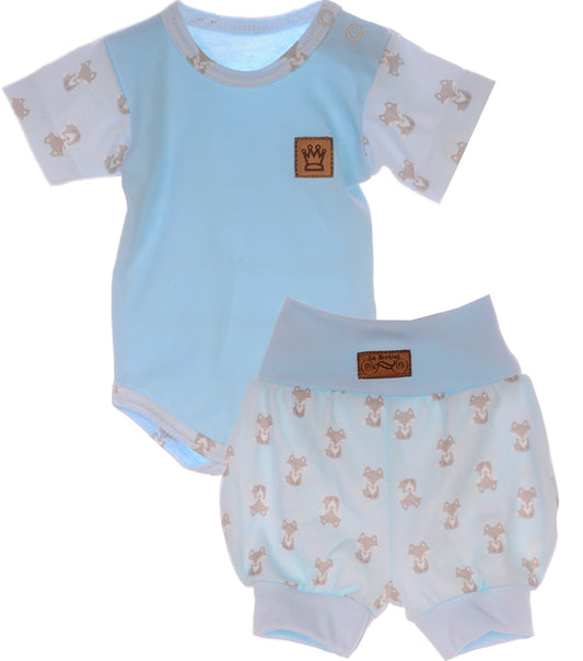 Body und Shorts Baby Anzug 2tlg in Altblau mit Fuchsen Muster