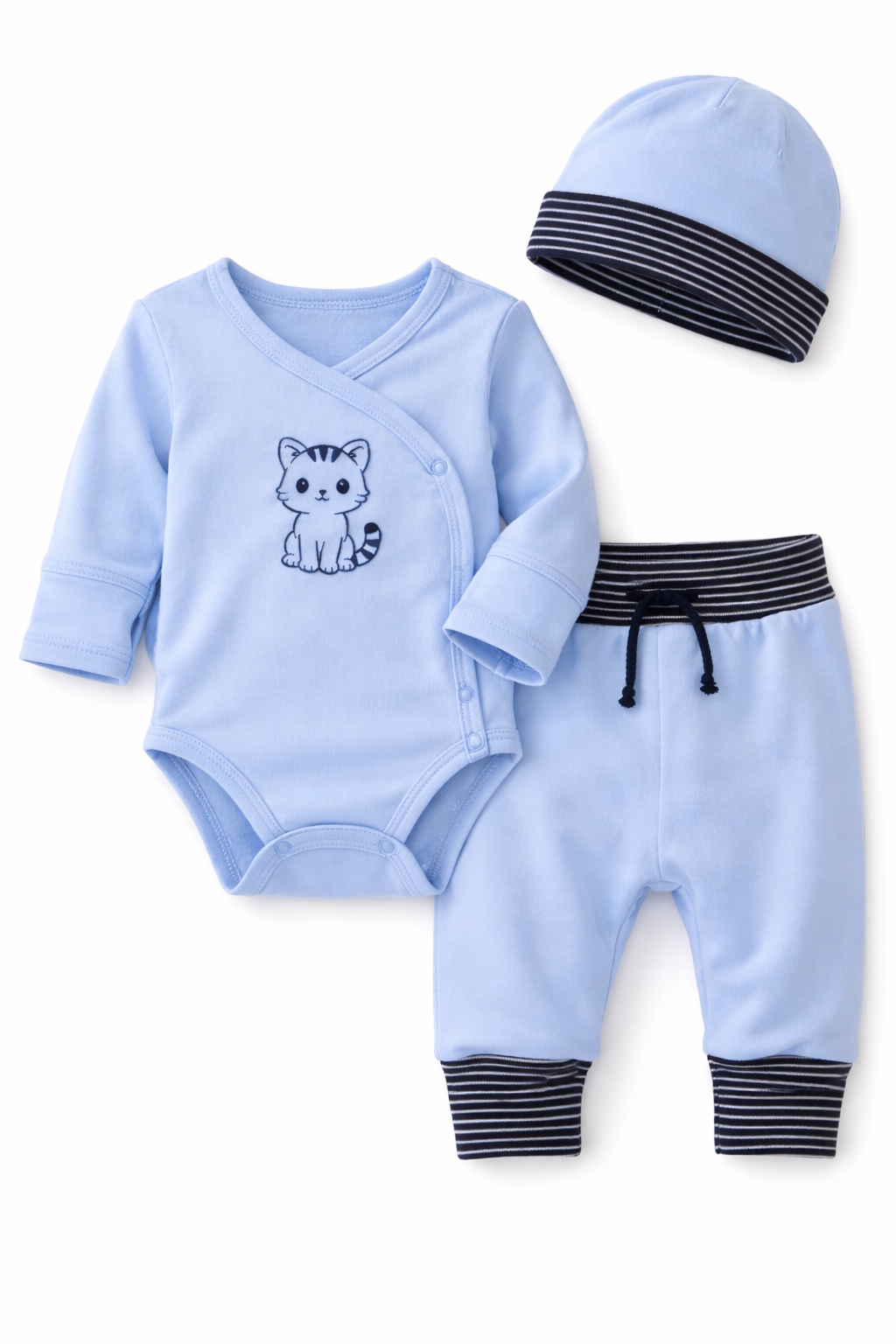 Baby Anzug 3-teilig Wickelbody Mitwachshose Mütze Set in Blau